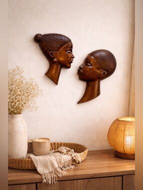 Vintage Wood Carved Traditional African Mask Pair Wall Plaques Man Woman Heads